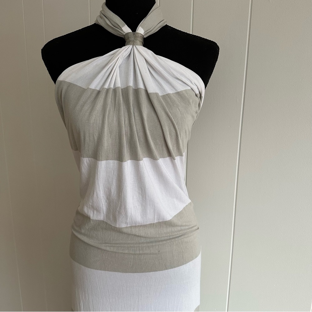 JAYGODFREY Grey and White Horizontal Striped Maxi Dress